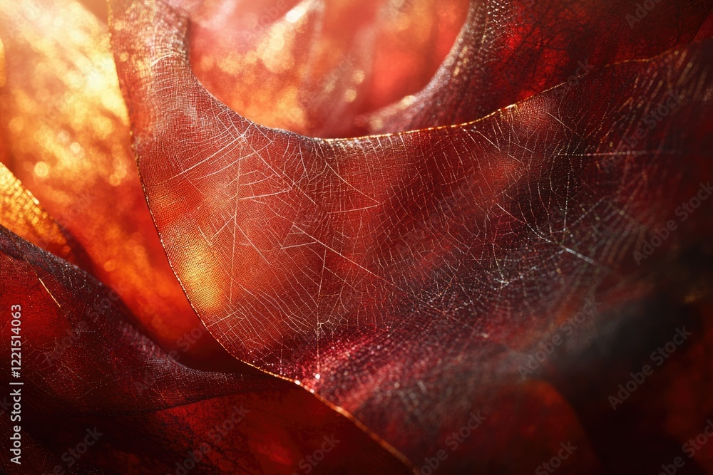 Poster intricate red fabric texture, backlit, revealing a delicate web-like pattern.