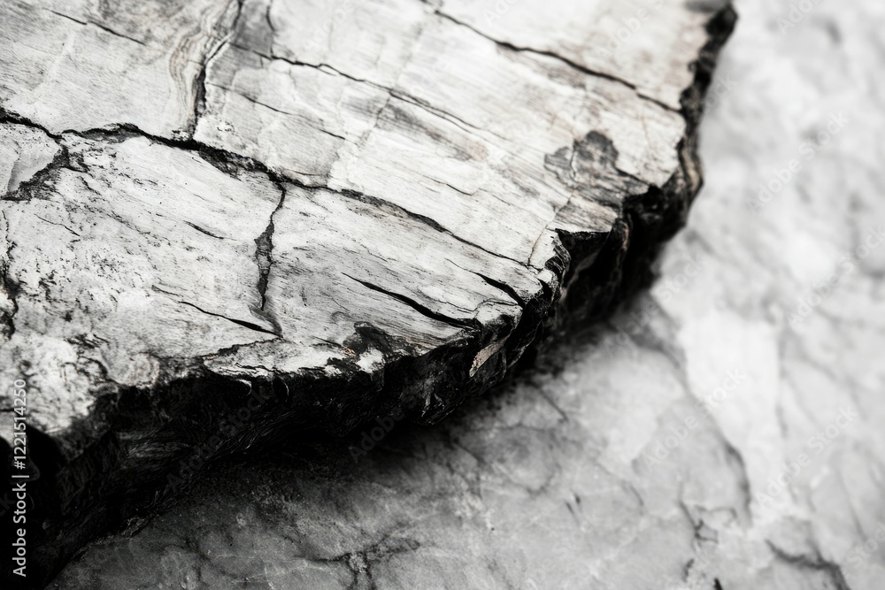 Poster close-up of a petrified wood, showing its intricate grain and texture, fossilized over time.