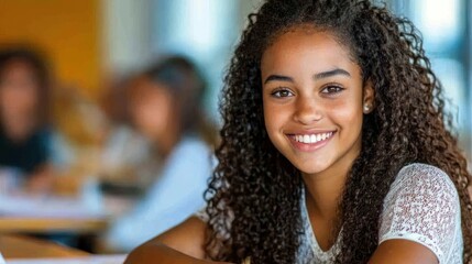 A happy African American teenage girl around 15 years old smiles brightly while seated at her desk in a classroom. She looks directly at the camera radiating joy and enthusiasm