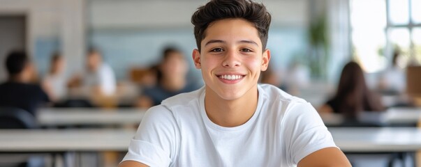 A friendly Hispanic teenage boy around 17 years old smiles brightly at the camera while seated at a desk in a classroom. The background is softly blurred highlighting his joyful expression