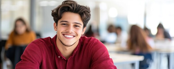 A cheerful Hispanic teenage boy around 17 years old is seated at a desk in a classroom smiling warmly at the camera with students in the background creating a positive learning atmosphere