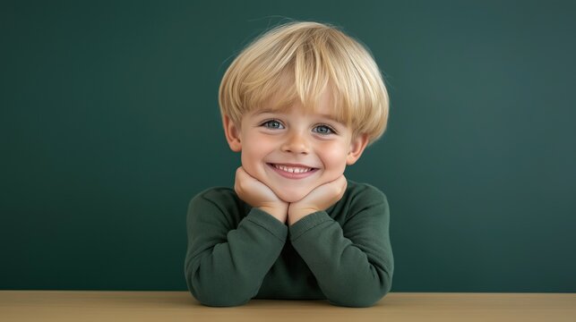 A cheerful six-year-old boy with blonde hair is seated at a desk resting his chin on his hands and smiling brightly showcasing the happiness of a school environment in a simple classroom