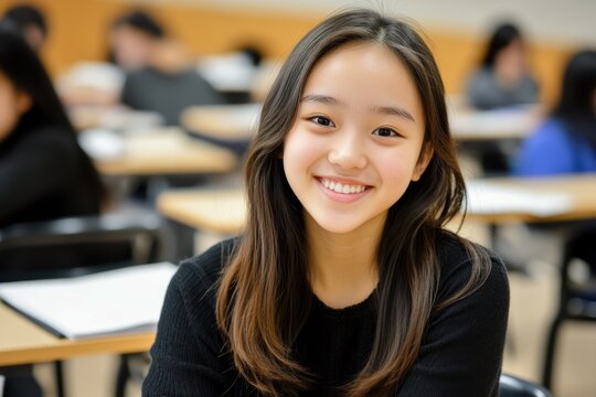 A cheerful Asian teenage girl around 15 years old smiles warmly at the camera while sitting at her desk in a clean simple classroom. Her positive energy shines in this bright learning environment