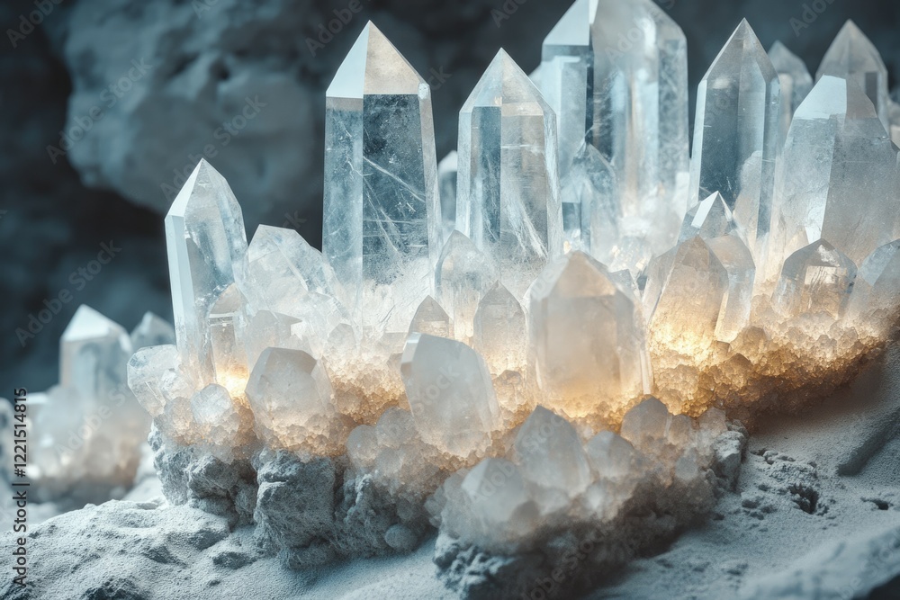 Poster luminous quartz crystals cluster together in a mesmerizing display, showcasing their intricate forma
