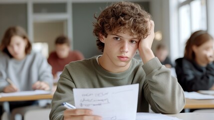 A teenage boy around 16 years old looks thoughtfully at his exam paper while scratching his head. The bright classroom is filled with other students diligently working on their assignments