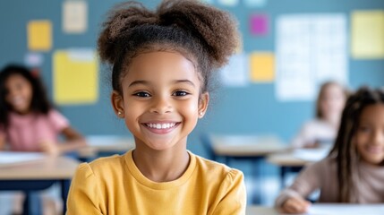 A happy African American girl around 8 years old smiles brightly at the camera in a classroom filled with colorful notes