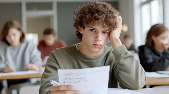 A teenage boy around 16 years old looks thoughtfully at his exam paper while scratching his head. The bright classroom is filled with other students diligently working on their assignments