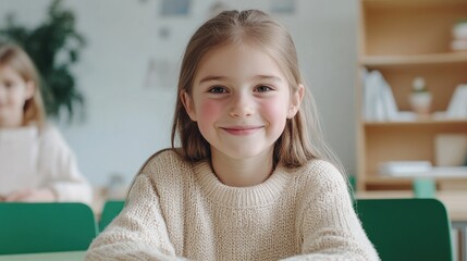 A cheerful White European girl around eight years old is seated at a green desk grinning widely while looking straight at the camera