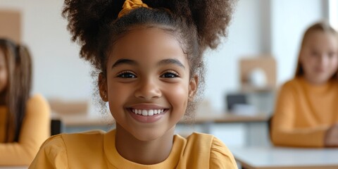 A joyful African American teenage girl around 16 years old sits at her desk in a bright minimalistic classroom. She beams with happiness radiating positivity and enthusiasm for learning