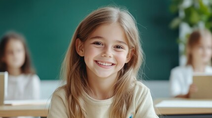 A joyful girl around 10 years old sits at her school desk smiling brightly at the camera. The classroom is simple featuring a green chalkboard and soft focus on her classmates in the background