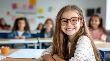 A joyful White European girl around ten years old is smiling brightly at the camera in a simple classroom. She wears glasses with classmates visible in the soft background