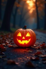 Glowing jack o lantern casting long shadows on ground, autumn decor, spooky ambiance, Halloween decoration