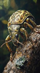 Closeup macro shot of a green ground beetle a type of carabidae insect crawling on a textured leaf in its natural forest or garden habitat