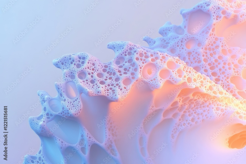 Poster abstract pastel-colored 3d render of a porous, foam-like structure with a smooth texture.
