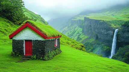 Obraz premium Icelandic Turf House and Waterfall: A Serene Landscape