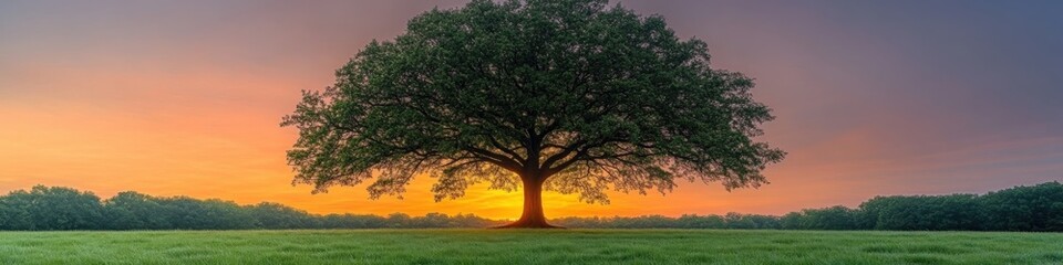 Fototapeta premium Majestic Lone Oak Tree at Dusk in Serene Open Field with Vibrant Sunset and Peaceful Horizon - Captivating Nature Scenery and Tranquil Landscape Serenity