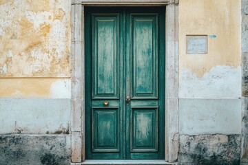 A green door opens on the side of a building with a modern design