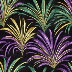 Mardi Gras theme with A black and gold and purple floral pattern with gold and purple leaves. The leaves are gold and purple, and they are arranged in a way that creates a sense of movement and energy