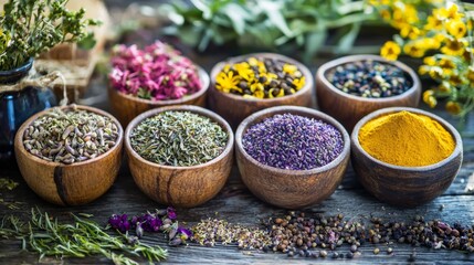 Selection of Colorful Herbs and Spices in Wooden Bowls