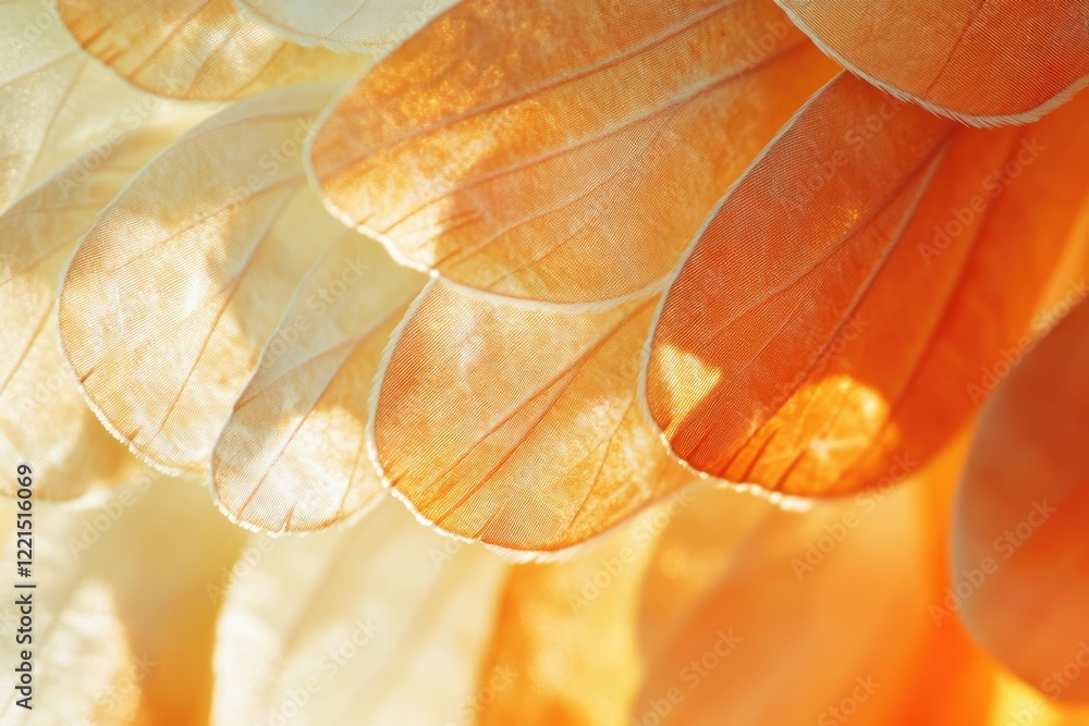 Poster close-up of delicate, translucent orange and beige feathers, illuminated by soft light, showcasing i