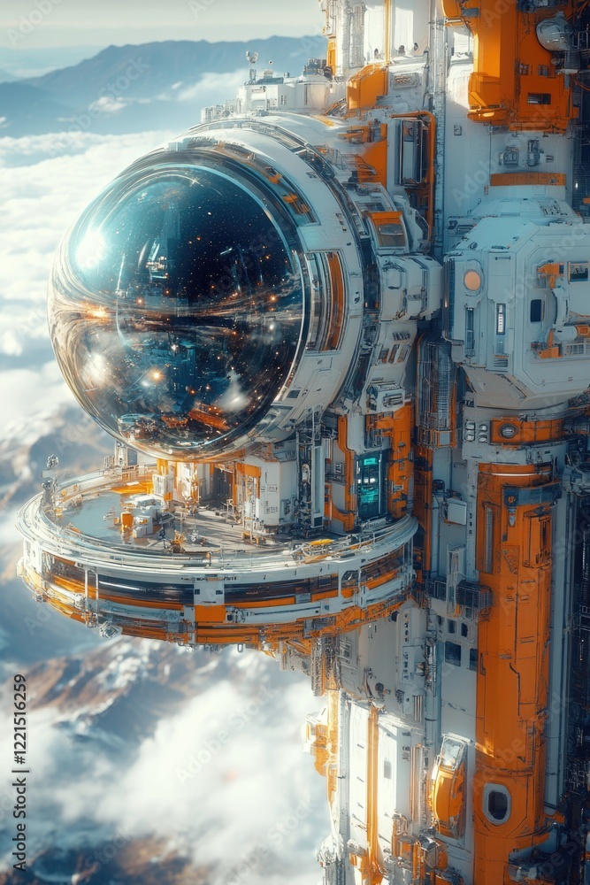 Poster a futuristic space station floating above clouds, ideal for use in sci-fi or technology-related proj