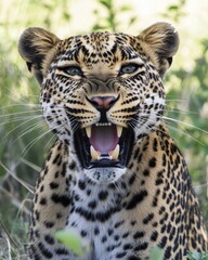 Naklejka premium Intense African Leopard Portrait: A Captivating Glimpse into the Realm of a Fierce Carnivore