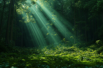 Fototapeta premium Sunlight filters through dense trees in a serene forest, illuminating a lush green forest floor during midday