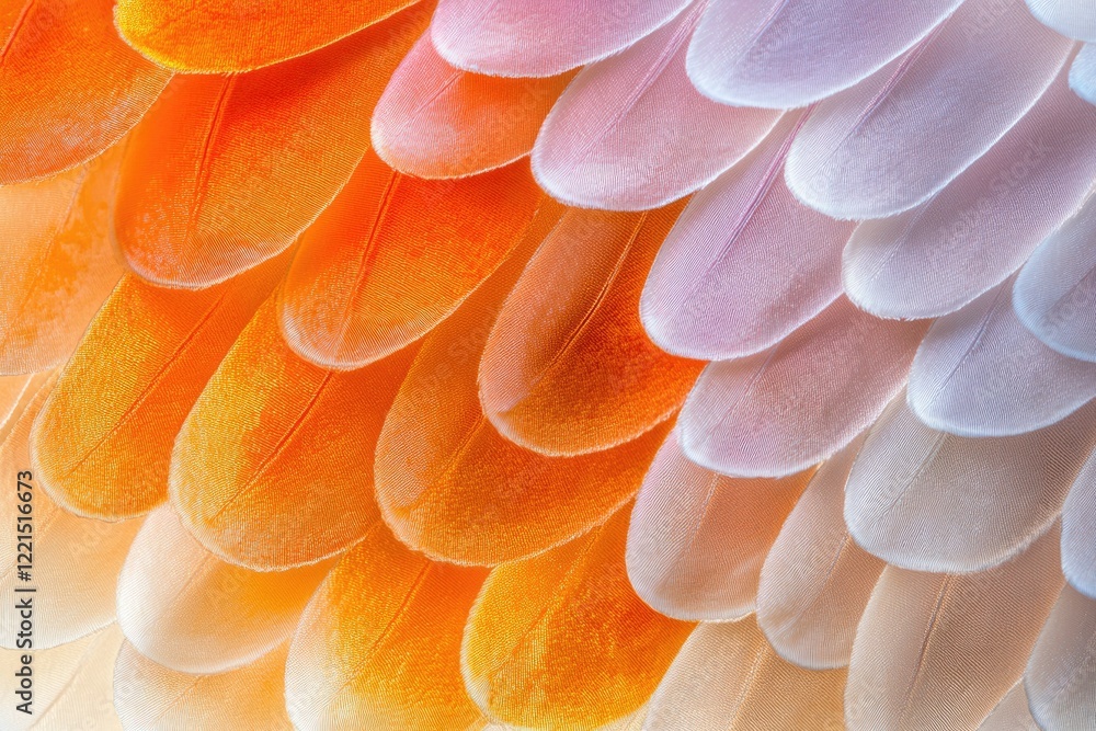 Poster close-up view of overlapping bird feathers, showcasing a gradient of orange and pastel colors.