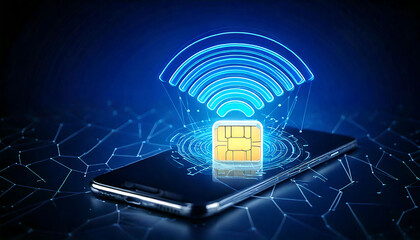 Stunning futuristic image of a SIM card and smartphone with vibrant blue wifi symbol. Ideal for technology, connectivity, mobile network, and data transfer concepts.
