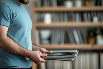 Music enthusiast holding a stack of vinyl records in front of shelves filled with an extensive collection, reflecting a passion for classic audio and preserving musical history