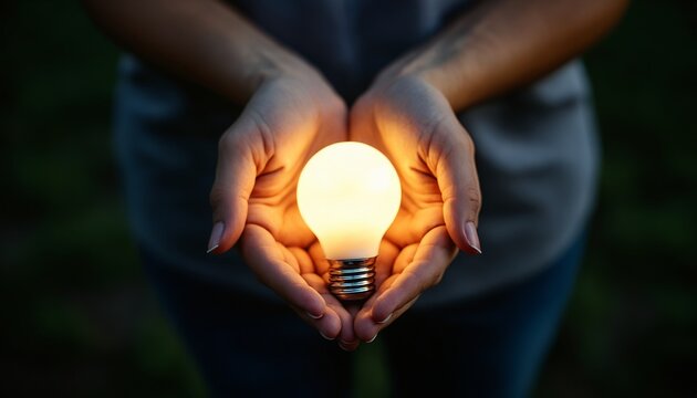 Hands holding a glowing light bulb in the dark.