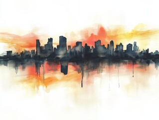 A stunning urban skyline silhouette reflects the rich, warm hues of a vibrant sunset, highlighting city architecture and the beauty of dusk’s natural artistry.