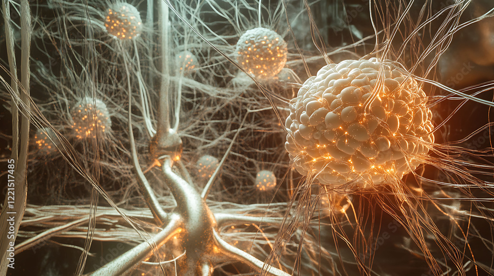 Poster stunning microscopic view of neural network connections. glowing nodes and intricate fibers create a