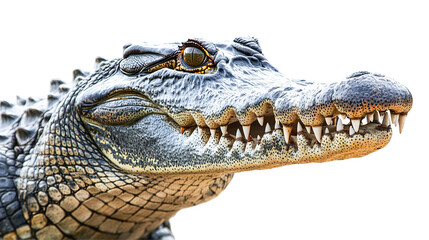 Obraz premium A large, realistic crocodile with detailed, textured green scales, its long body sprawled along the riverbank, eyes sharply focused, exuding a sense of strength and dominance in its natural habitat