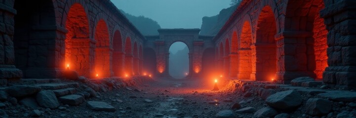 Glowing lampions adorn a mysterious ancient ruin, crumbling, ruin, mysterious