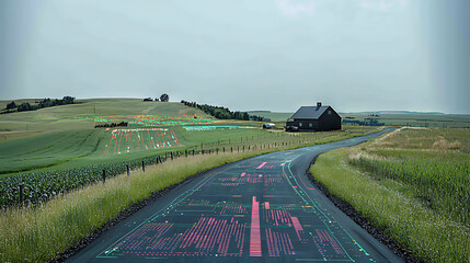 Serene countryside road digitally overlaid with futuristic data visualization.