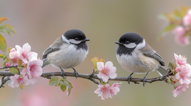Two chickadees sitting on blooming branch in soft light