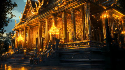 Fototapeta premium A golden temple in bangkok, thailand, glowing under the evening lights with intricate carvings and statues. Gilded Temple. Illustration