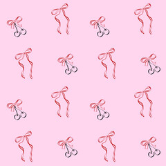 Coquette seamless vector pattern. Trendy print of cherries with ribbon and bow on pink background. Design for wrapping paper, packaging for Valentine day and wedding. Doodle vector illustration