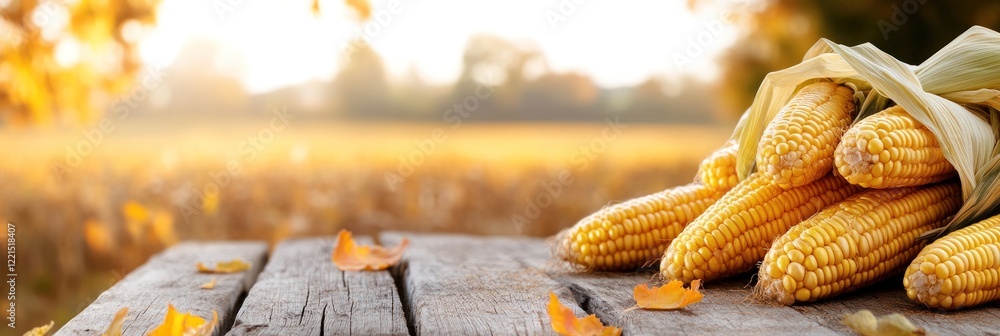 Poster golden ears of corn rest on a rustic wooden table creating a cozy autumn atmosphere. softly blurred 