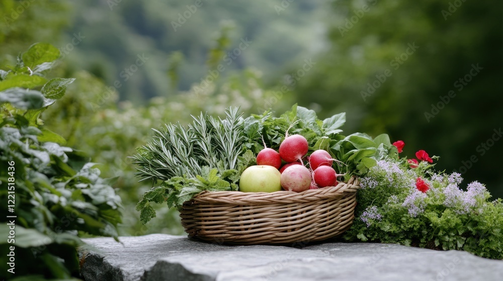 Poster a woven basket displays an array of fresh herbs apples and radishes on a stone path surrounded by gr