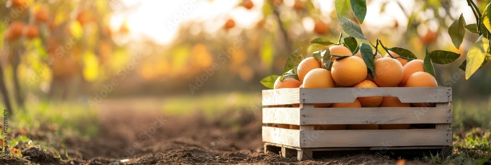 Poster freshly harvested oranges sit in a wooden crate on a dirt path surrounded by orange trees with sunli