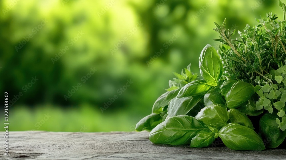 Aufkleber bundles of vibrant basil rosemary and thyme are arranged on a rustic stone table with a softly blurr