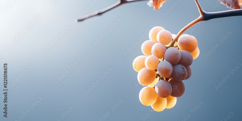 Poster a single ripe grape cluster dangles from a barren vine illuminated by soft sunlight. the contrast be