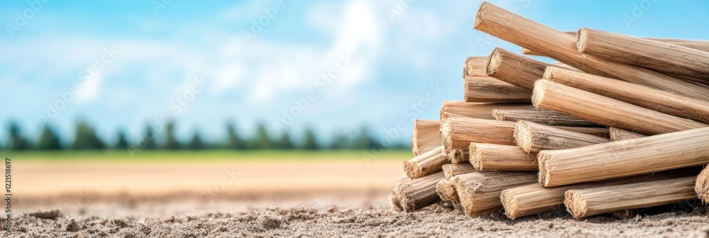 Poster freshly cut sugarcane stalks lie on the ground showcasing local agriculture in a warm and inviting c