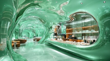 Fototapeta premium Emerald Enchantment: A mesmerizing interior design of a futuristic cafe with fluid, reflective surfaces and a calming ambiance.