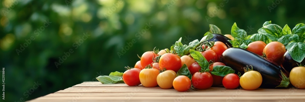 Aufkleber a vibrant array of ripe tomatoes eggplants and fragrant basil leaves covers a wooden table set again