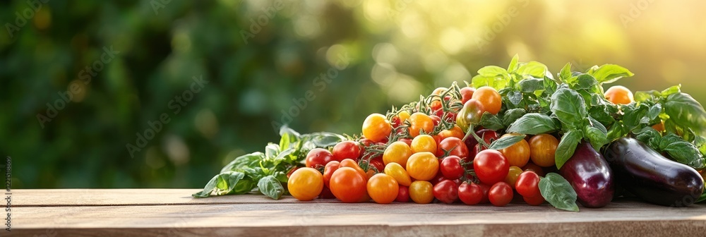 Poster an abundant array of vibrant tomatoes glossy eggplants and aromatic basil leaves create a picturesqu