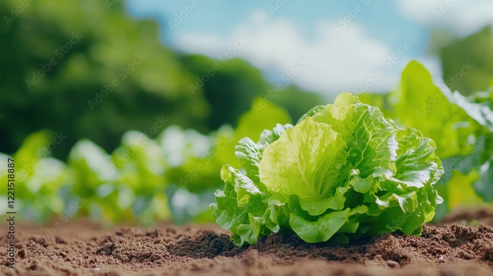 Poster freshly cut lettuce heads rest on the moist ground showcasing a vibrant farm atmosphere with rows of