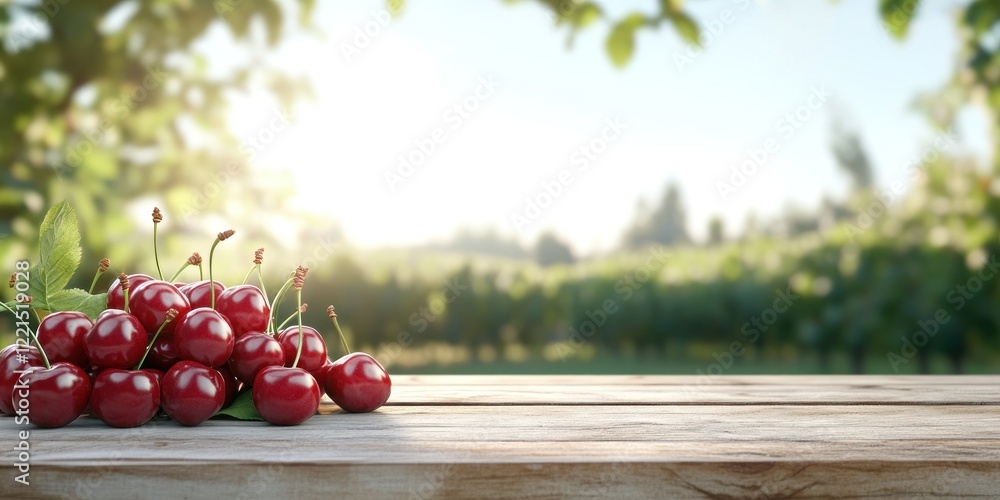 Aufkleber vibrant cherries with stems rest on a rustic wood table under soft summer light. a blurred orchard i
